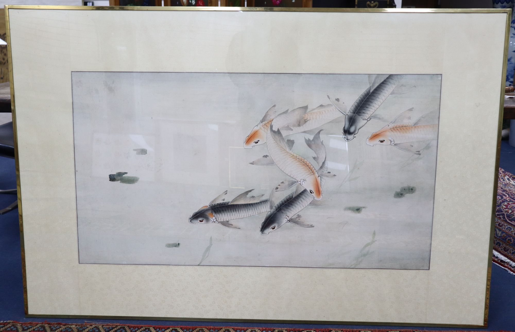 Chinese School (early 20th century), Koi Carp swimming among weeds, 66 x 122cm, overall 106 x 162cm